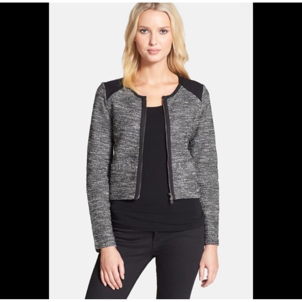 Eileen‎ Fisher Cropped Tweed Zip Sweater Jacket Black Gray Pockets Large